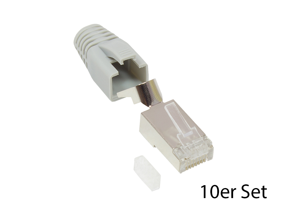 RJ45 Netzwerkstecker Cat.6A, geschirmt, für Cat.7, Cat.6A, Cat.6 Kabel, inkl. Zugentlastung und Einfädelhilfe, grau, 10er Set, Good Connections®