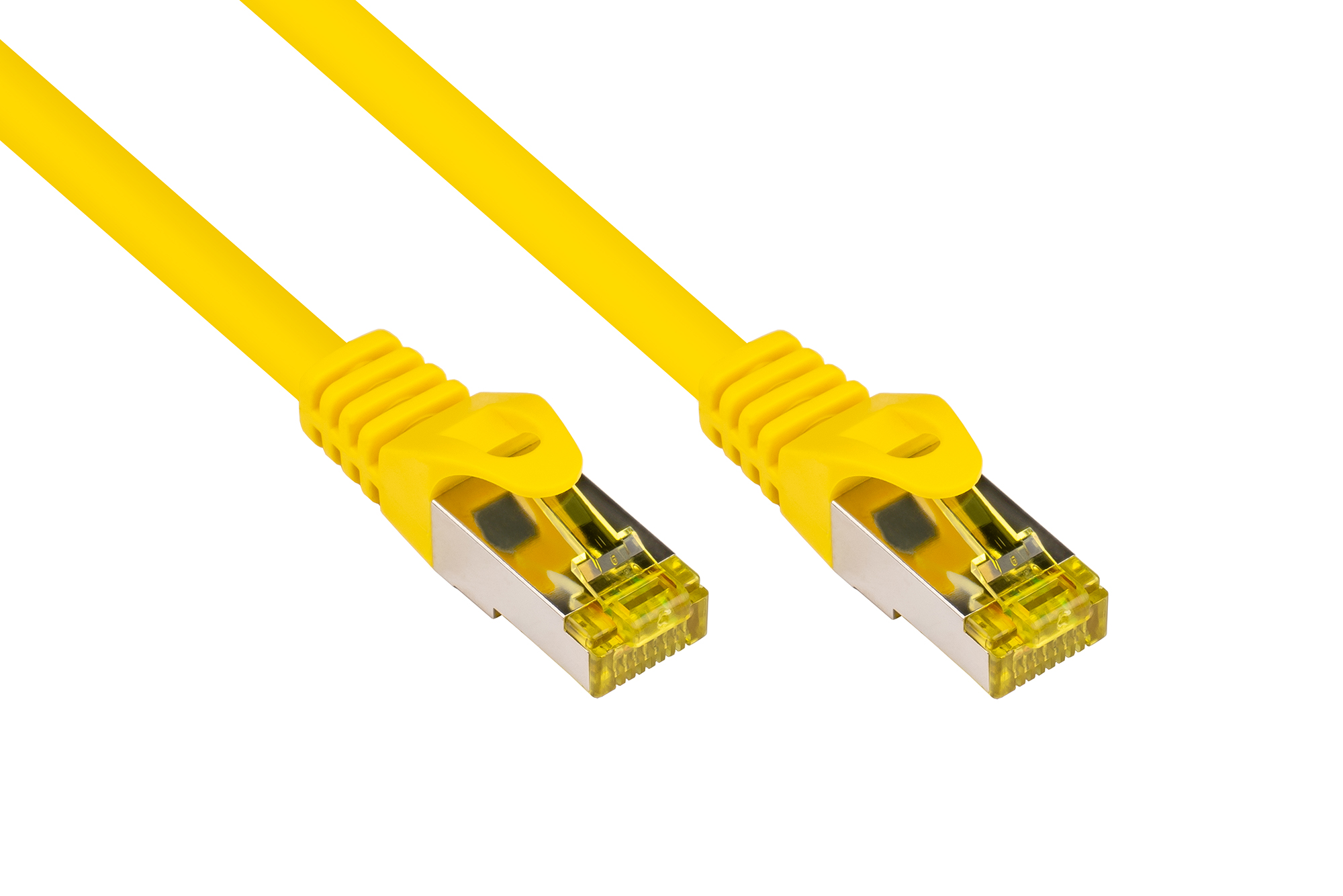 RJ45 Patchkabel mit Cat. 7 Rohkabel und Rastnasenschutz (RNS®), S/FTP, PiMF, halogenfrei, 500MHz, OFC, gelb, 20m, Good Connections®