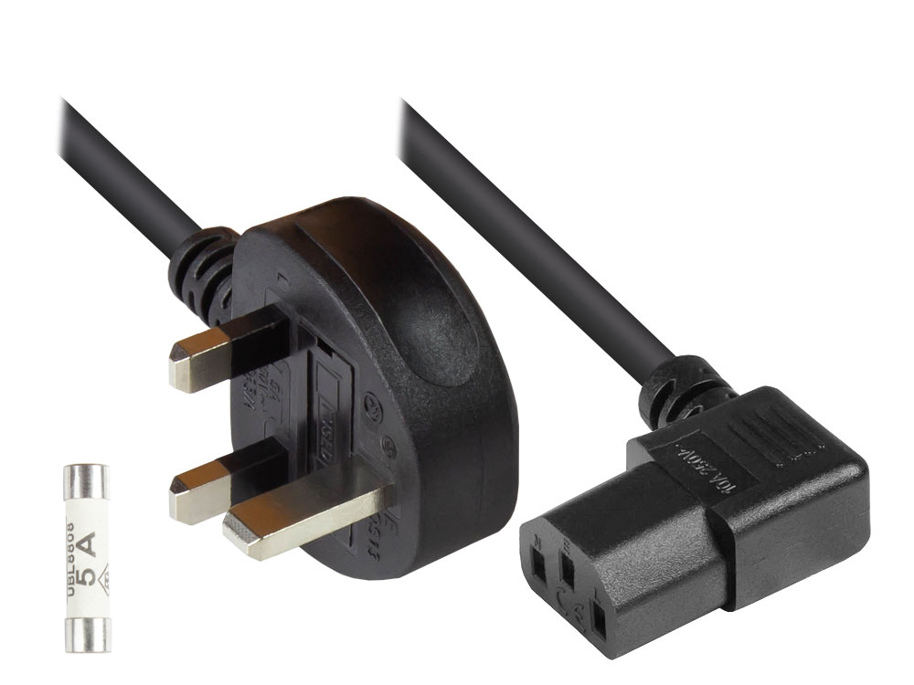 Netzkabel England/UK Netz-Stecker Typ G (BS 1363) an C13 (rechts gewinkelt), 5A Sicherung, schwarz, 1,00 mm², 2 m, Good Connections®