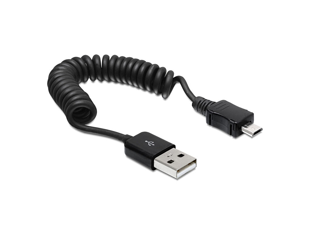 Anschlusskabel, USB 2.0 Stecker A an Stecker Micro B, Spiralkabel, schwarz, 0,2m - 0,6m, Delock® [83162]