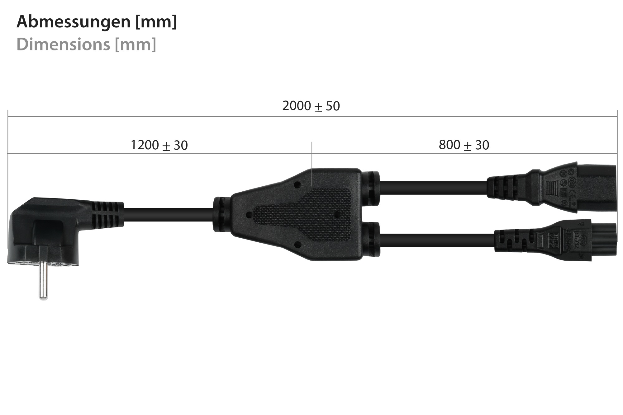 kabelmeister® Y-Netzkabel Schutzkontakt-Stecker Typ E+F (90° gew.) an Buchse C13 und Buchse C5, schwarz, 2m