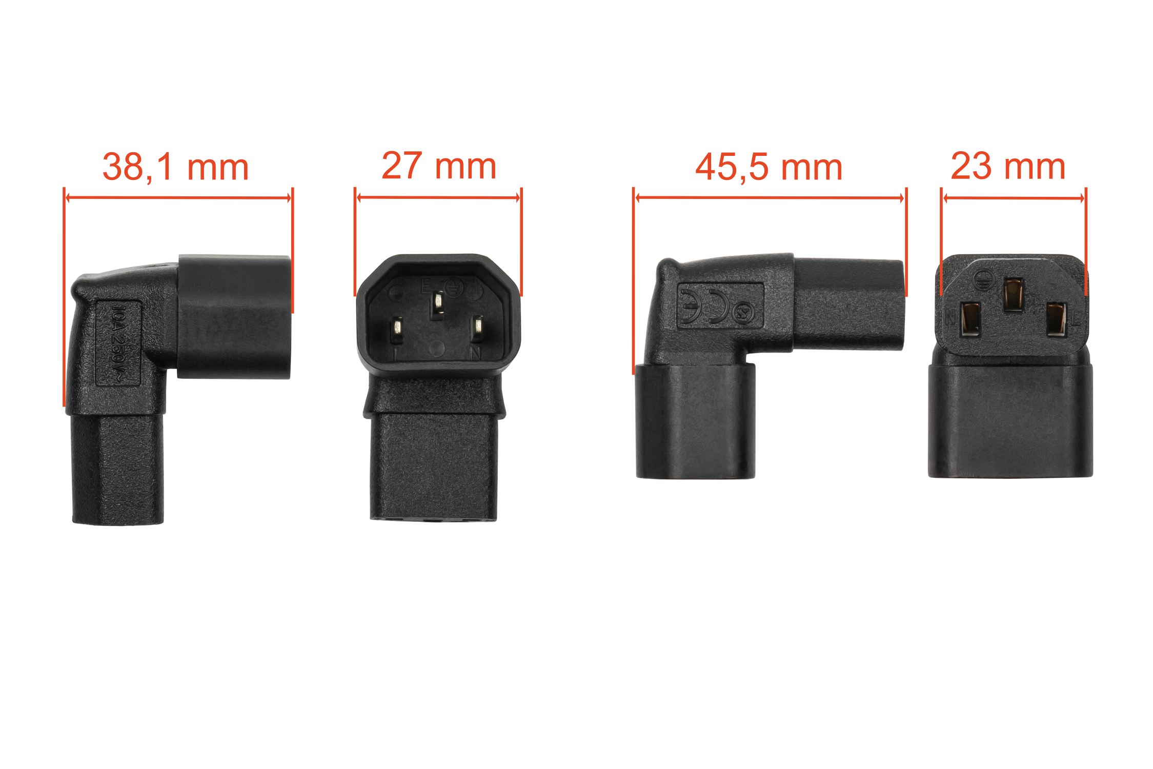kabelmeister® Stromadapter Kaltgeräte-Stecker C14 an Kaltgeräte-Buchse C13, oben/unten abgewinkelt, schwarz