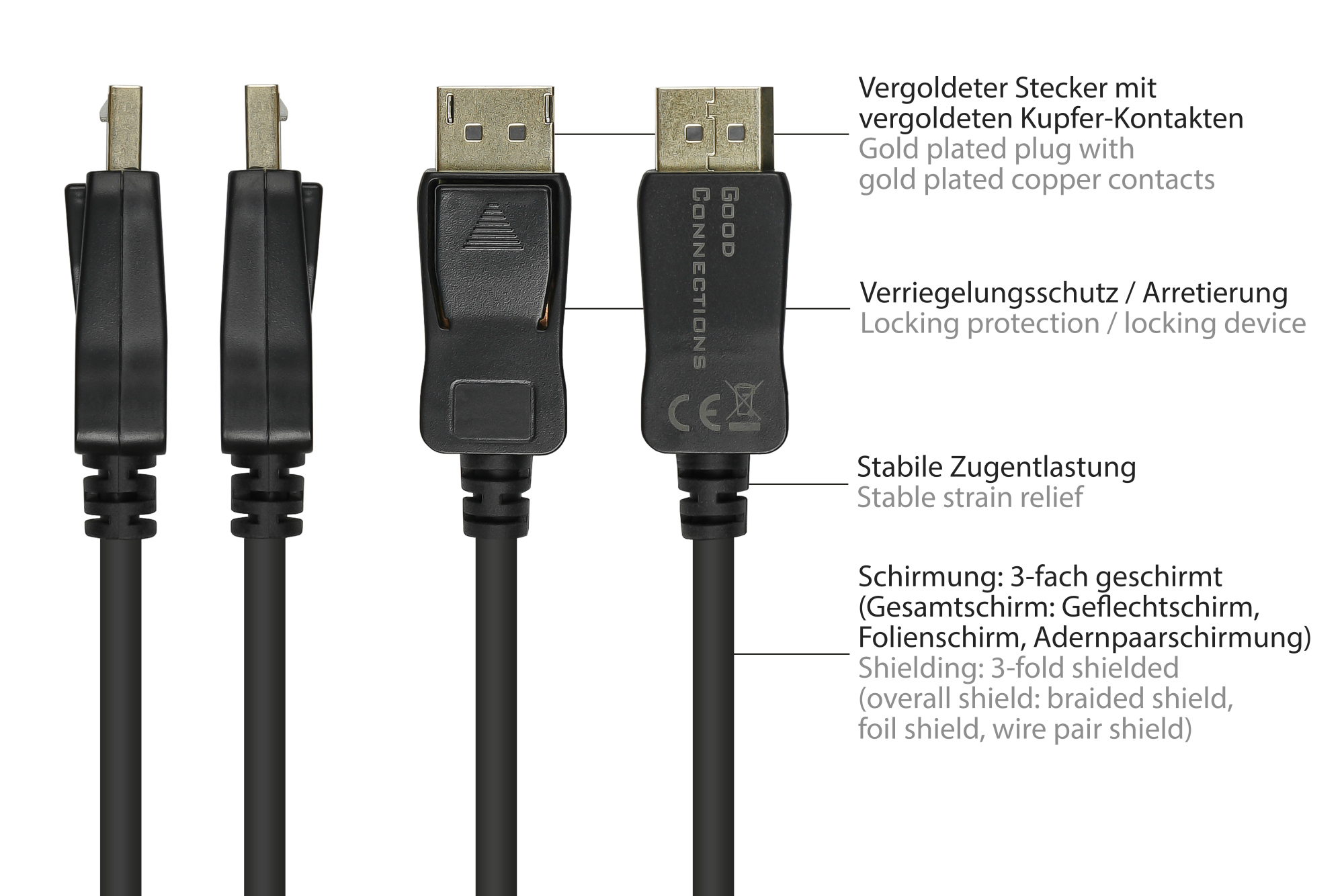 Anschlusskabel DisplayPort 1.2, 4K / UHD @60Hz, vergoldete Kontakte, OFC, schwarz, 10m, Good Connections®