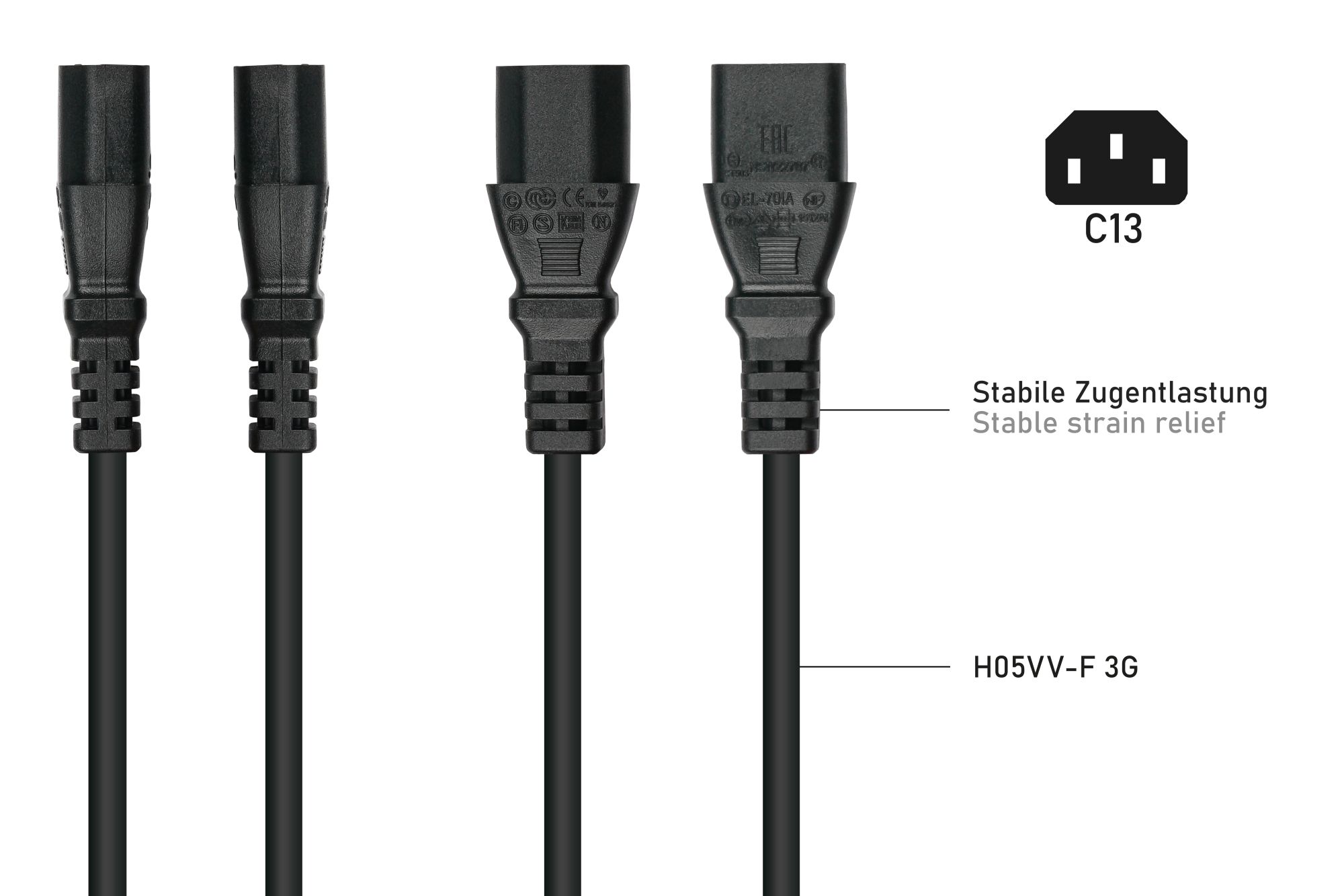 kabelmeister® Kaltgeräteverlängerung Kaltgeräte-Stecker C14 (gerade) an Kaltgeräte-Buchse C13 (gerade), schwarz, 0,75mm², 2m