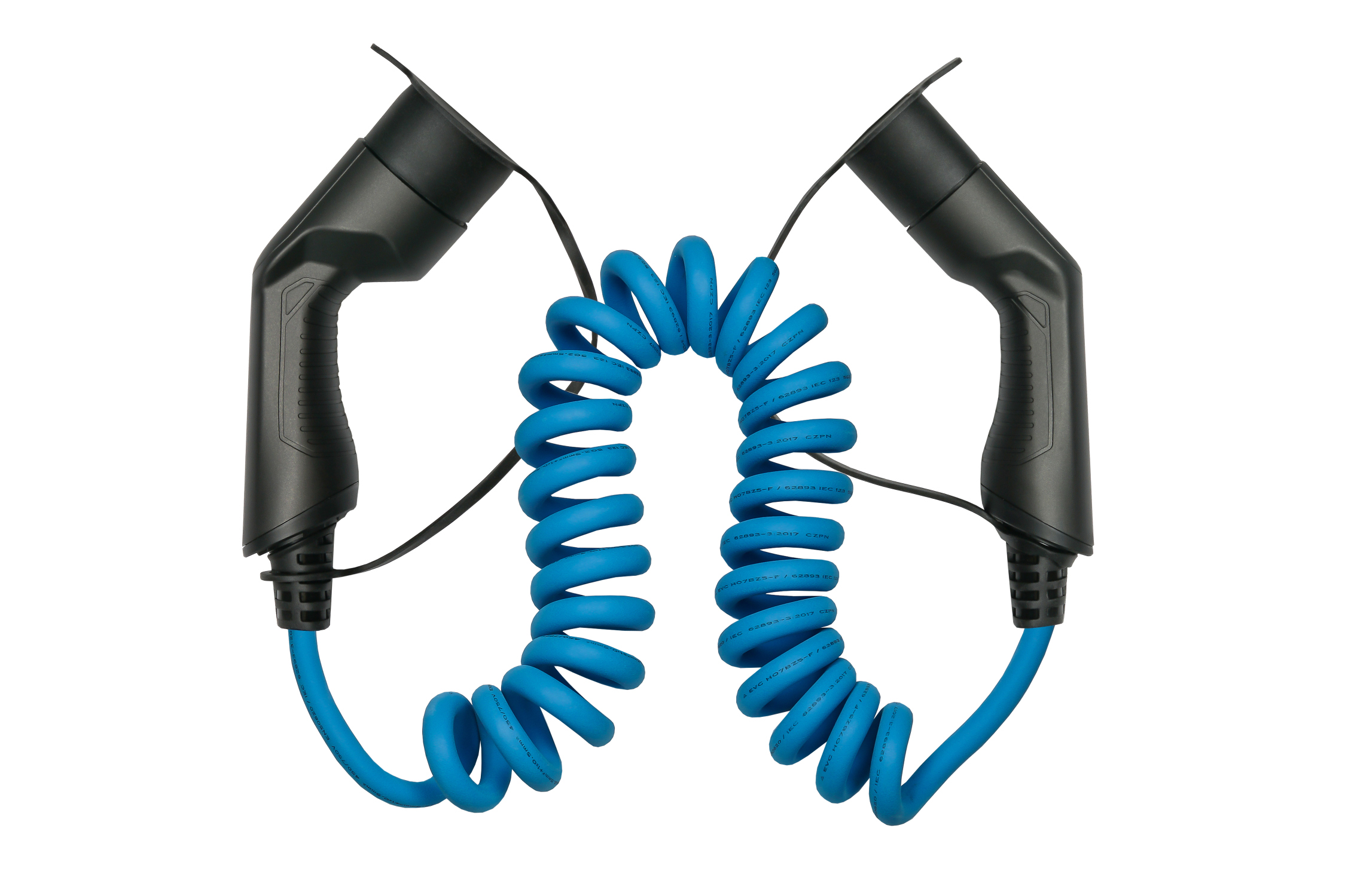 kabelmeister® Typ 2 Ladekabel für Elektro- und Hybridfahrzeuge, 3-phasig, 16 A, 11 kW, Spiralkabel, blau, 5m