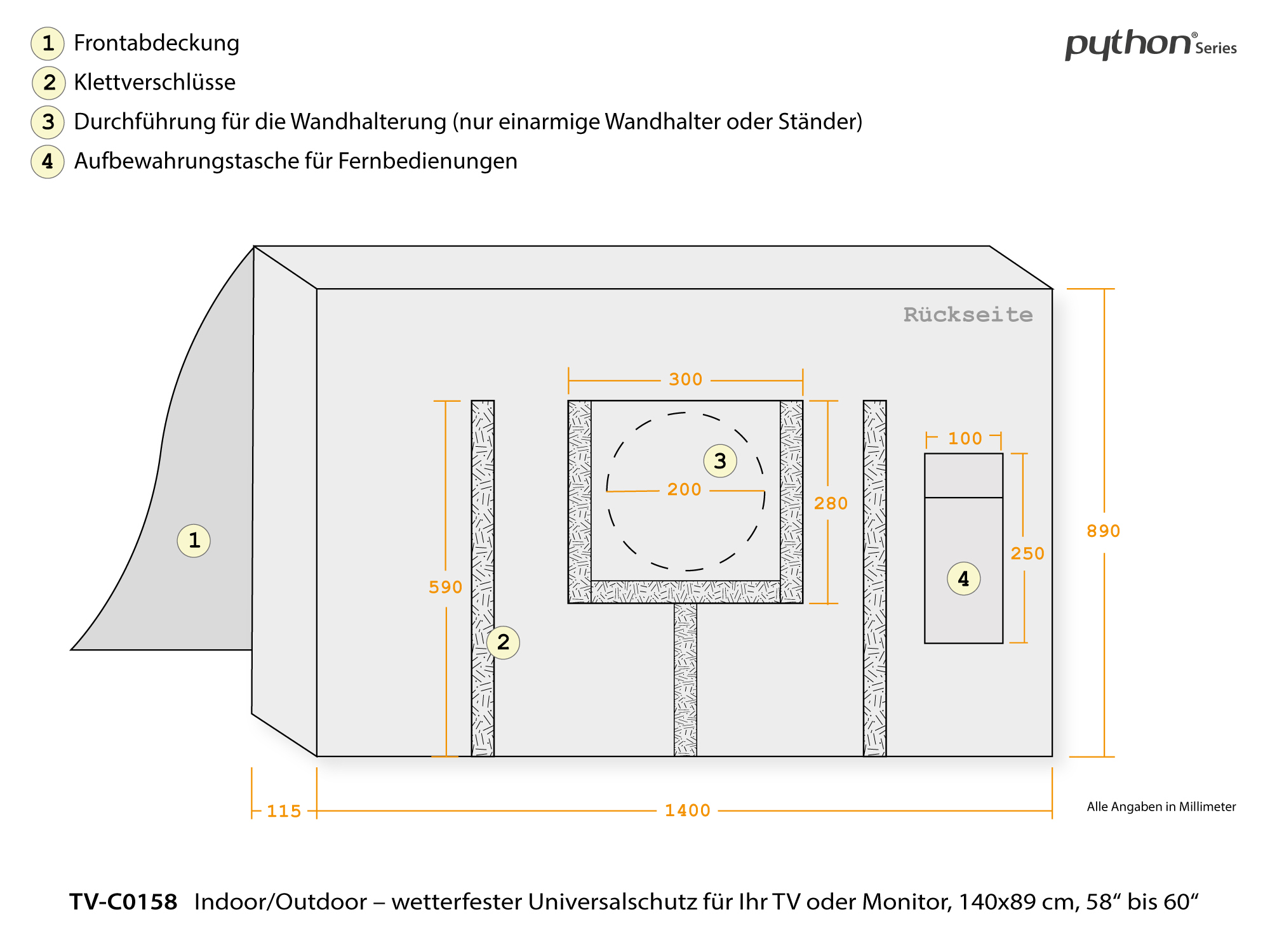Python® Series TV-Cover Indoor/Outdoor – wetterfester Universalschutz für Ihr TV oder Monitor, 140x89 cm, 58“ bis 60“