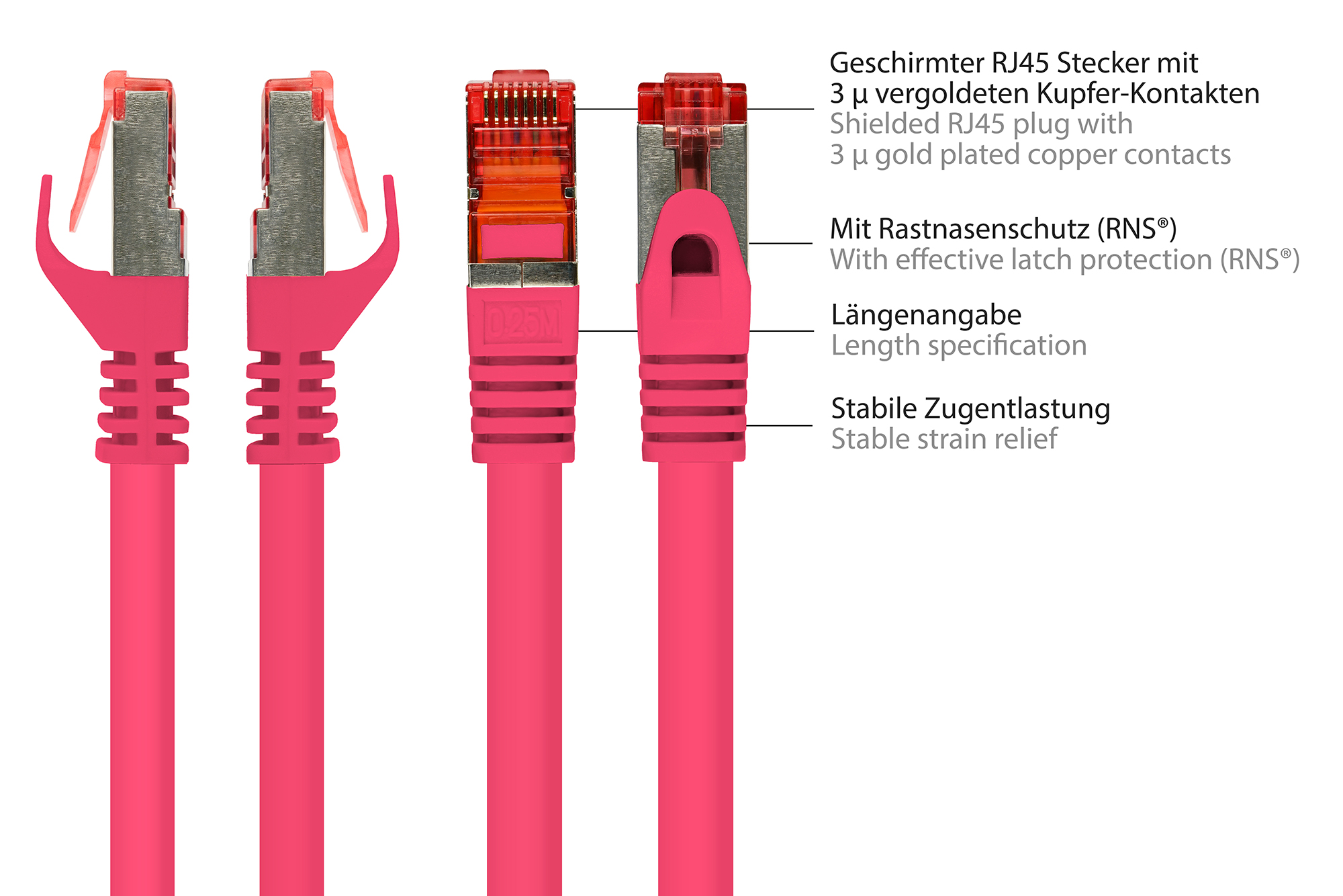 RNS® Patchkabel mit Rastnasenschutz, Cat. 6, S/FTP, PiMF, PVC, 250MHz, magenta, 30m, Good Connections®