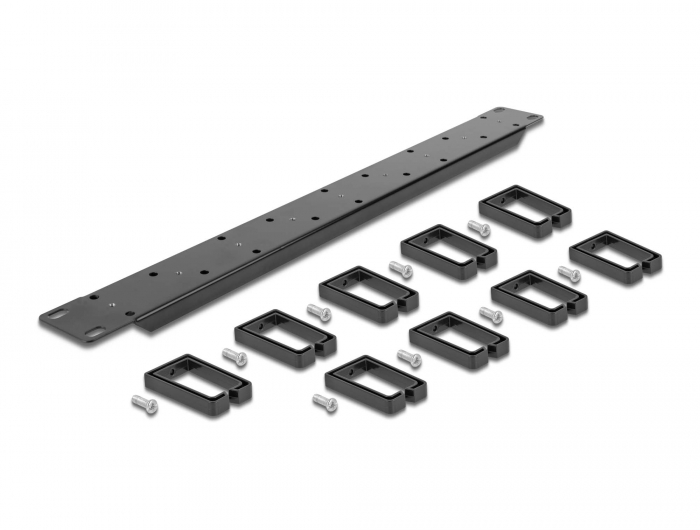 19" Kabelmanagement Rangierpanel beidseitig mit 9 Bügeln (5 x vertikal, 4 x 45° geneigt) 1 HE schwarz, Delock® [66850]