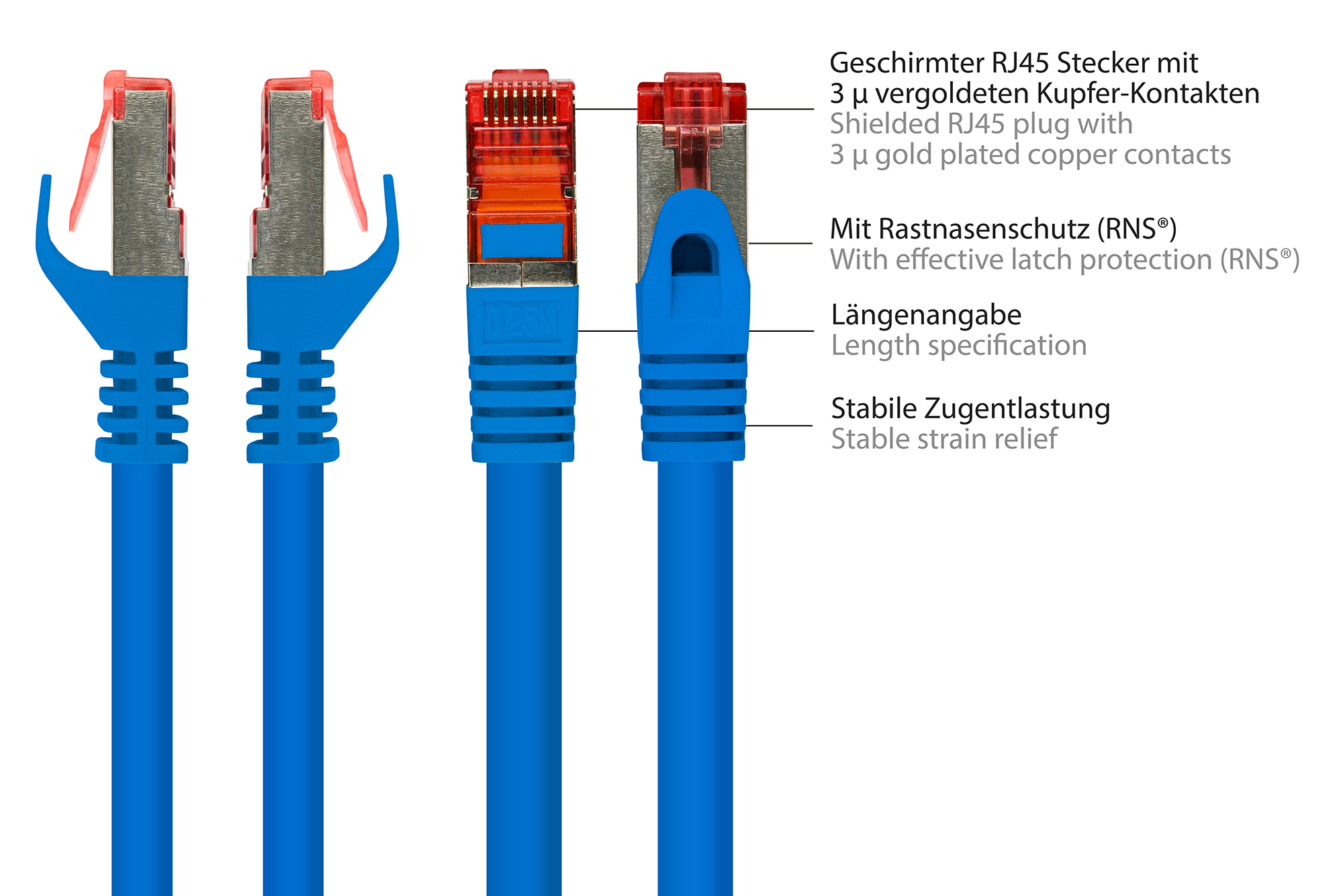 RNS® Patchkabel mit Rastnasenschutz, Cat. 6, S/FTP, PiMF, PVC, 250MHz, blau, 0,5m, Good Connections®