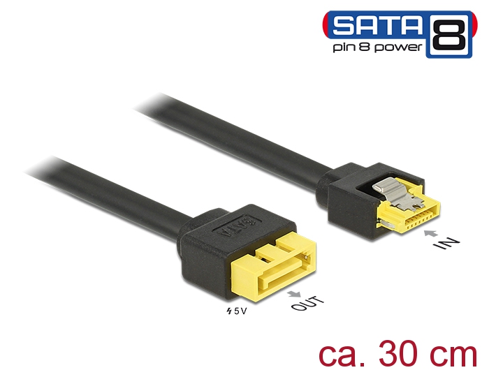 Verlängerungskabel SATA 6 Gb/s Buchse > SATA Stecker Pin 8 Power mit Einrastfunktion, 0,3 m, Delock® [84946]