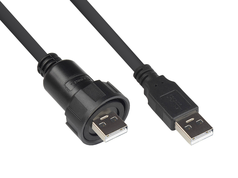 Industrie-Steckverbinder S4 - USB 2.0 Kabel, Stecker A mit Kabelverschraubung an Stecker A, Bajonett, IP67, schwarz, 1m, Good Connections®