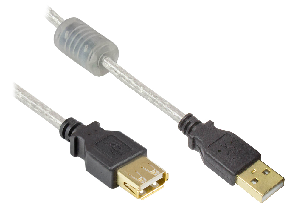 Verlängerung USB 2.0 Stecker A an Buchse A, High Quality mit Ferritkern und Goldkontakten, transparent, 3m, Good Connections®
