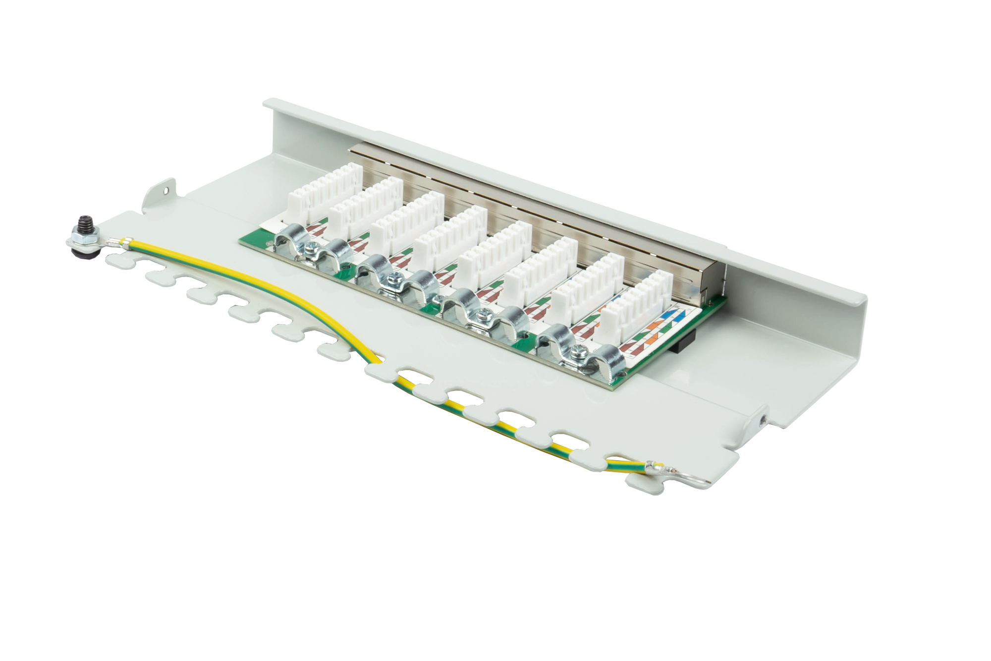 Patchpanel Desktop Cat. 6, 8-Port, 0,5 HE, STP geschirmt, werkzeugloses Öffnen, Lichtgrau (RAL7035), Good Connections®