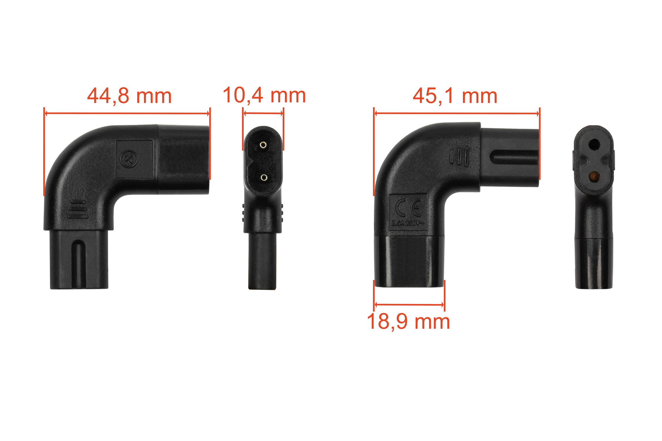 kabelmeister® Stromadapter Stecker C8 an C7/Euro 8 Buchse, links/rechts abgewinkelt, schwarz