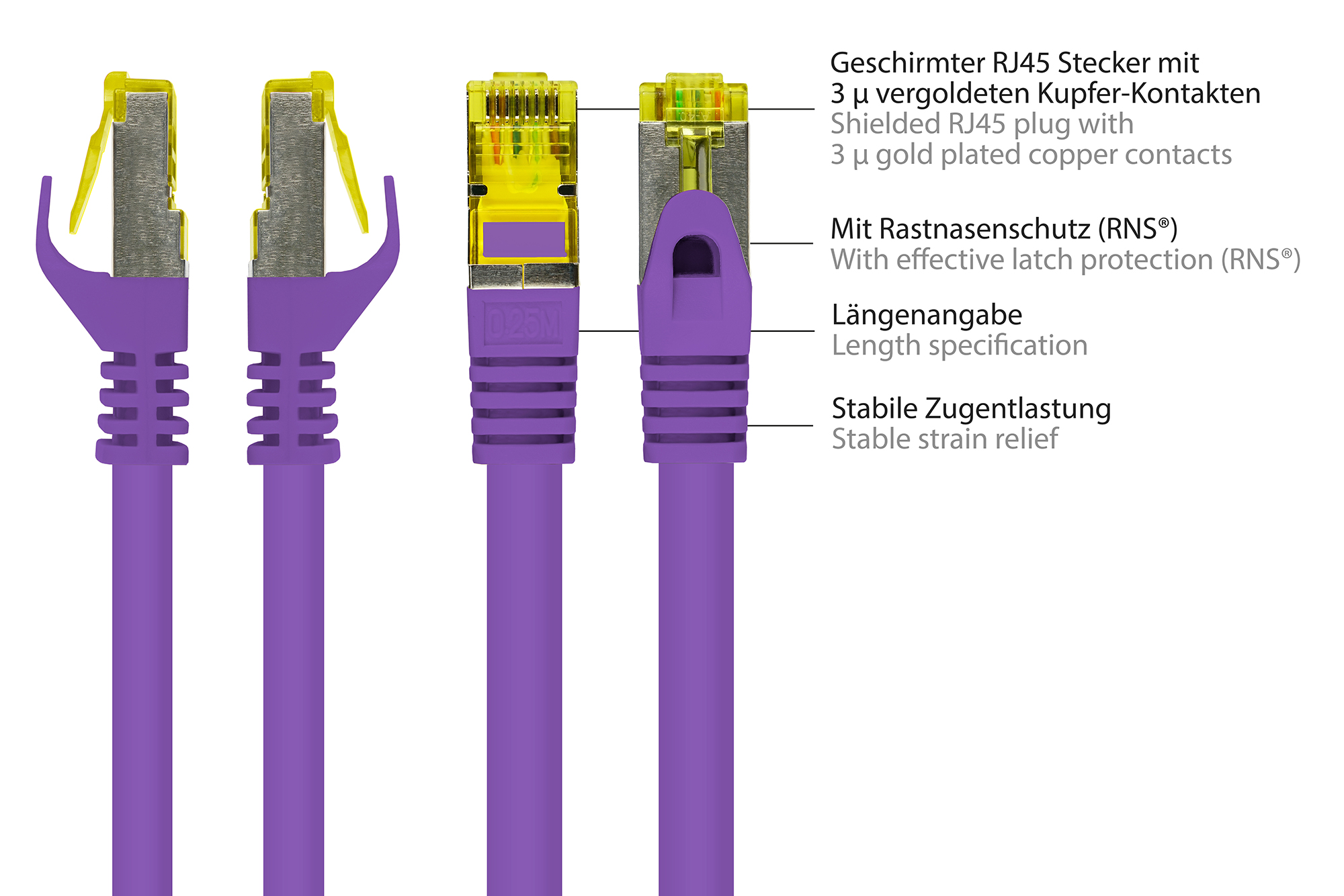 RJ45 Patchkabel mit Cat. 7 Rohkabel und Rastnasenschutz (RNS®), S/FTP, PiMF, halogenfrei, 500MHz, OFC, violett, 1,5m, Good Connections®