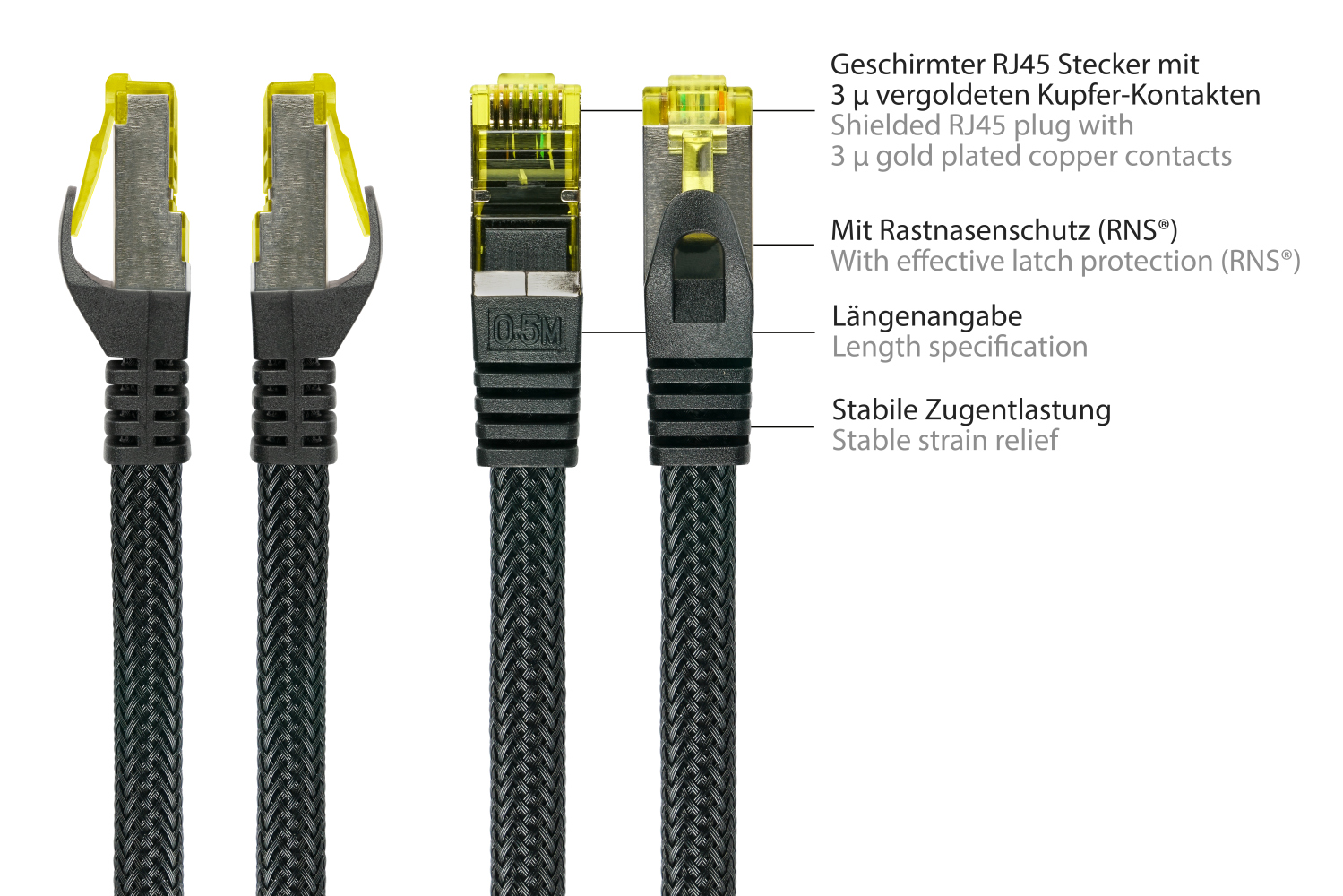 Python® Series RJ45 Patchkabel mit Cat. 7 Rohkabel, Rastnasenschutz (RNS®) und Nylongeflecht, S/FTP, PiMF, halogenfrei, 500MHz, OFC, schwarz, 5m