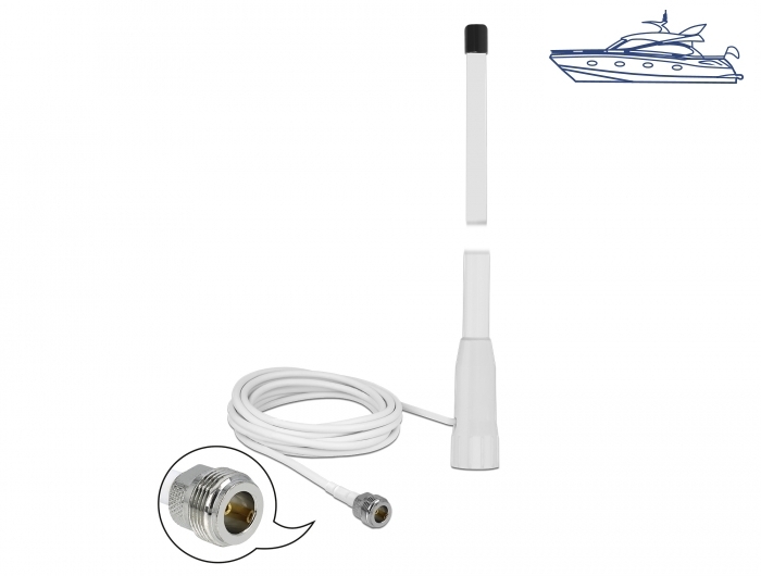 WLAN 802.11 b/g/n Marine Antenne N Buchse 10 dBi 110,5 cm starr omnidirektional mit Anschlusskabel RG-58 U 3 m outdoor weiß, Delock® [12576]