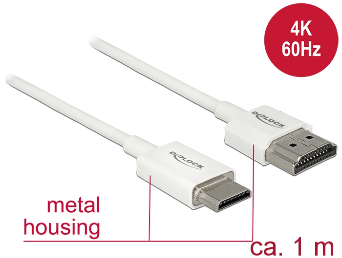 Kabel High Speed HDMI mit Ethernet, Stecker A an Stecker Mini-C, 3D, 4K, Slim High Quality, weiß, 1m, Delock® [85142]