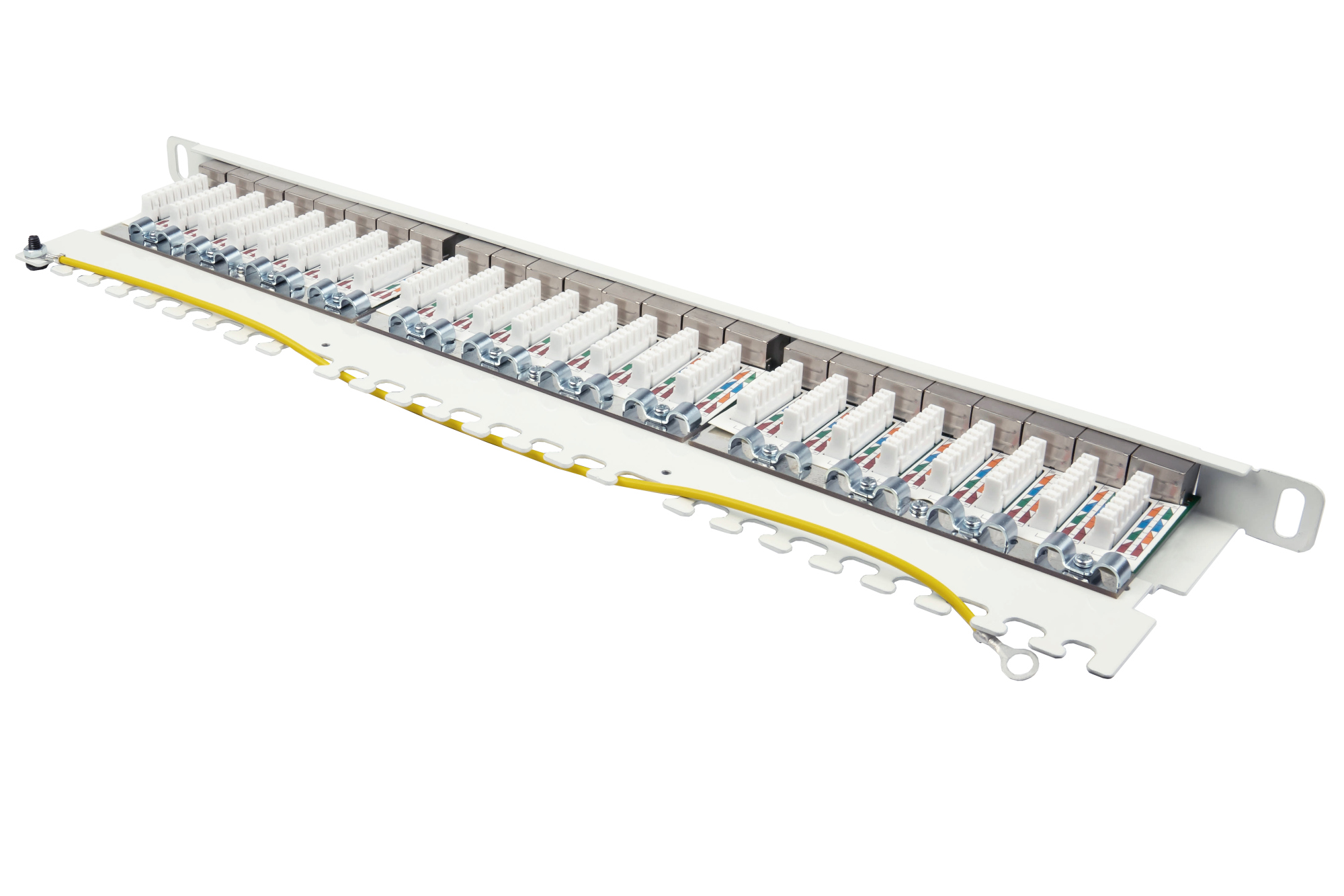 Patchpanel 19" Cat. 6A, 24-Port, 0,5 HE, STP geschirmt, werkzeugloses Öffnen, Reinweiß (RAL9010), Good Connections®