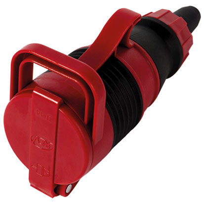 Profi Schutzkontakt-Kupplung mit selbstschließendem Klappdeckel, spritzwassergeschützt (IP44), Polycarbonat-Gummi-Gehäuse, rot-schwarz
