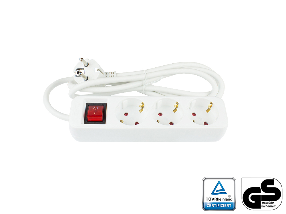Steckdosenleiste mit Schalter, 3-fach, Schutzkontakt-Stecker an 3x Schutzkontakt-Buchse, Berührungsschutz, weiß, 1,5m, Good Connections®