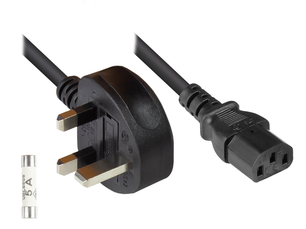 Netzkabel England/UK Netz-Stecker Typ G (BS 1363) an C13 (gerade), 5A Sicherung, schwarz, 1,00 mm², 1,5 m, Good Connections®
