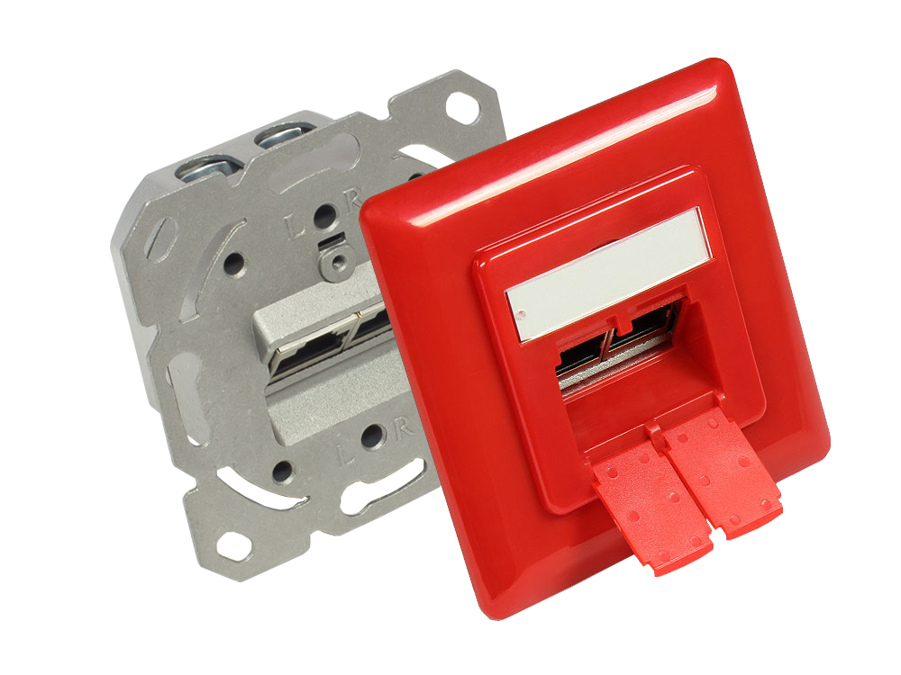 Netzwerkdose Cat. 6, 2xRJ45, geschirmt, Unterputzdose, inkl. Zentralstück und Abdeckrahmen, verkehrsrot RAL3020, Good Connections