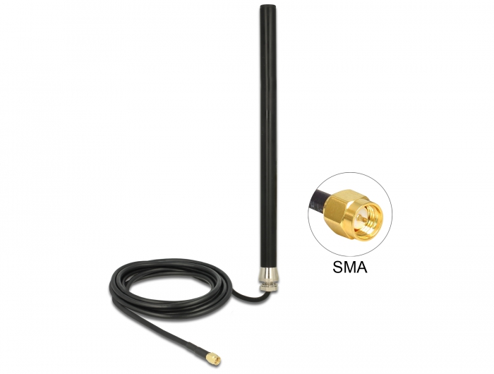 LTE UMTS GSM Antenne, SMA Stecker, 3 dBi, omnidirektional, starr, mit Anschlusskabel (RG-58, 3 m), Wandmontage, outdoor, schwarz, Delock® [89529]