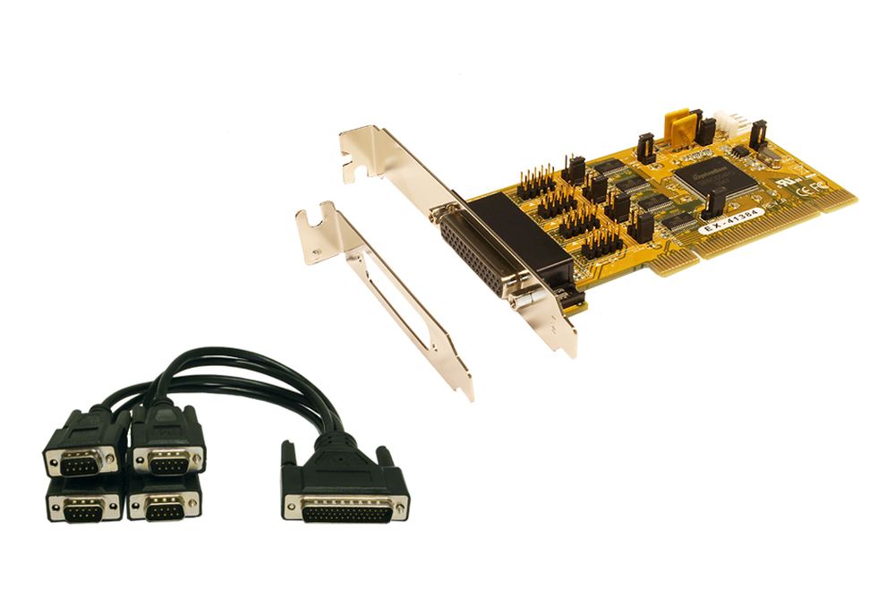 4S Seriell RS232 PCI Karte, 5/12V auf 9 Pin Anschluss einstellbar, inkl. Octopus Kabel und LP Bügel (SystemBase Chip-Set), Exsys® [EX-41384]