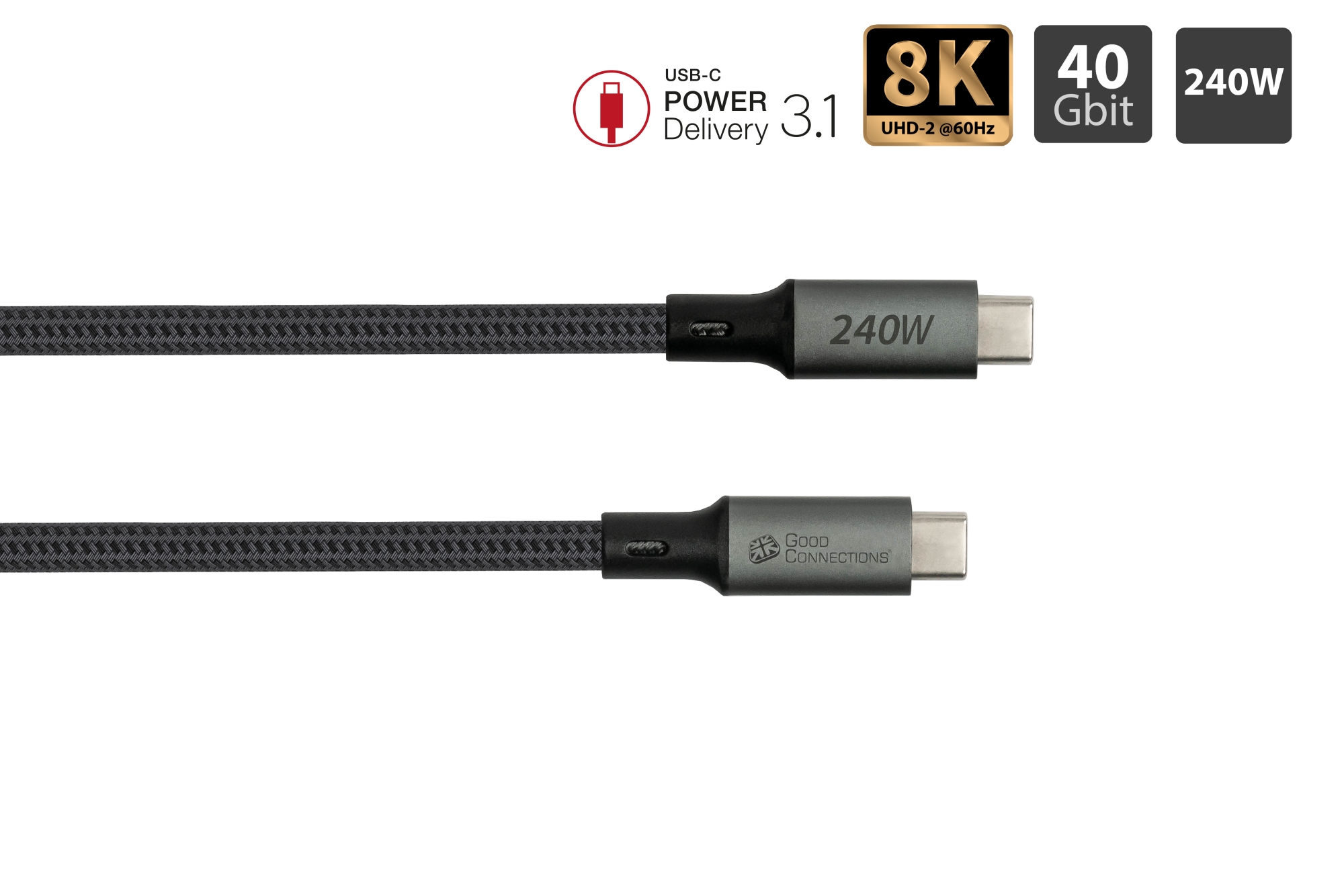 USB 4.0 Gen. 3x2 Kabel (40GBit/s, 240W, 8K@60Hz), USB-C™ Stecker an USB-C™ Stecker, Koaxialkabel, anthrazit, 0,5m, Good Connections®