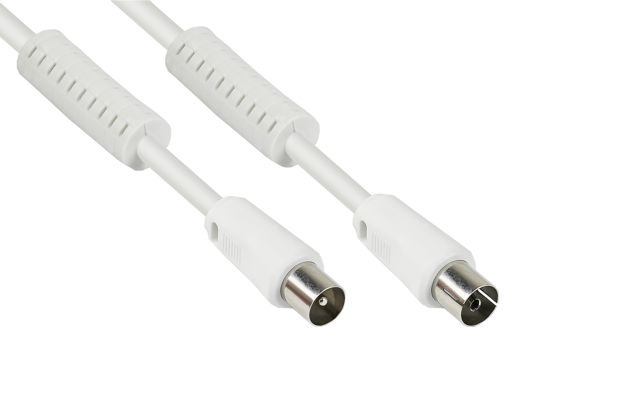 TV Antennenkabel, Koax Stecker an Koax Buchse (vernickelt), 2x Ferritkern, 2x geschirmt, Class A, 95 dB, 75 Ohm, CCS, weiß, 1,5m, Good Connections®