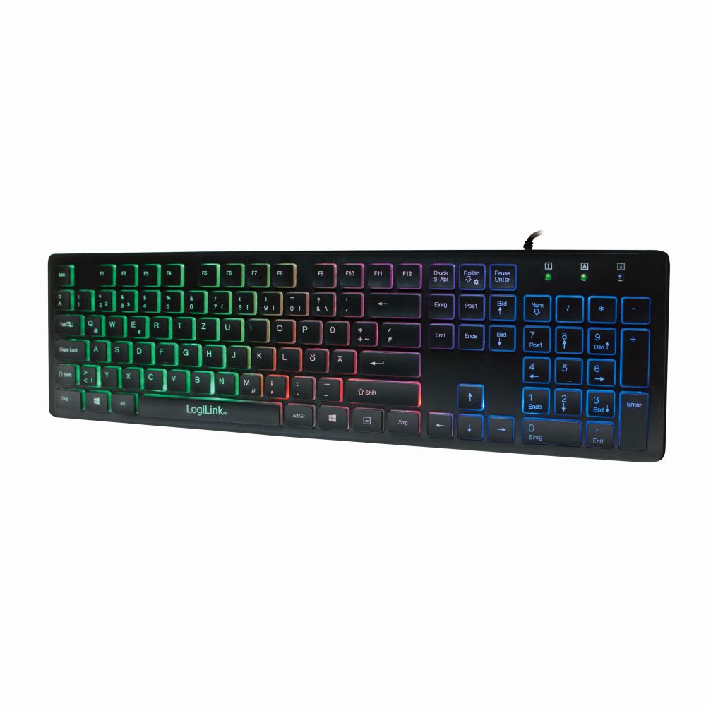 Beleuchtete Tastatur, USB 1.1, LED Regenbogen-Hintergrundbeleuchtung, Schwarz, LogiLink® [ID0138]