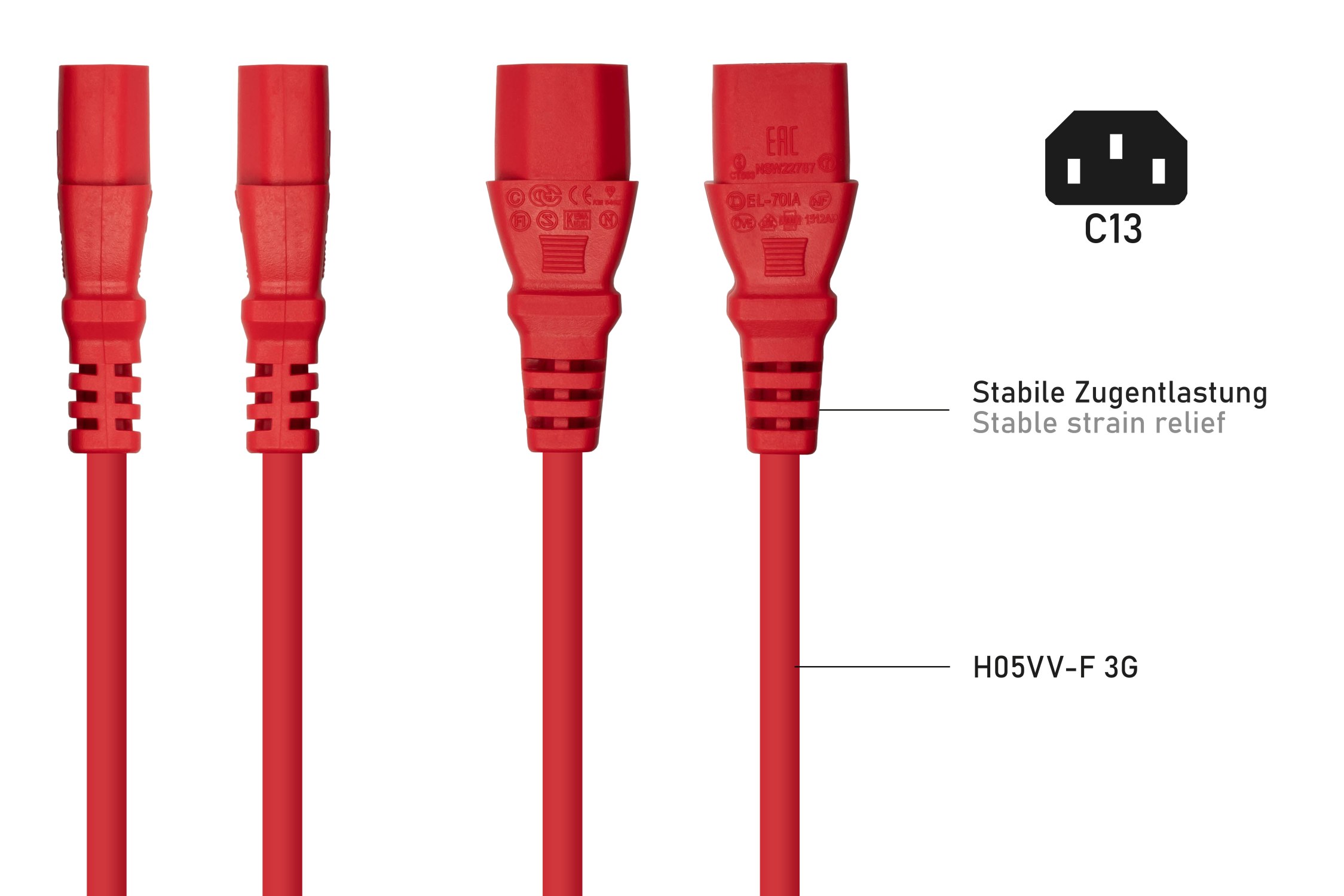 kabelmeister® Netzkabel Schutzkontakt-Stecker Typ E+F (90° gew.) an Kaltgeräte-Buchse C13, rot, 1,50mm², 10m