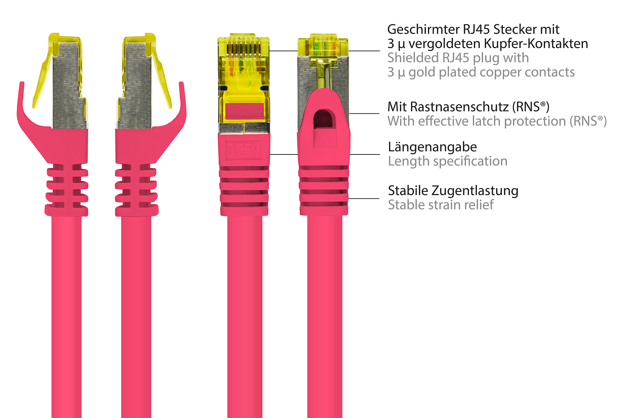 RJ45 Patchkabel mit Cat. 7 Rohkabel und Rastnasenschutz (RNS®), S/FTP, PiMF, halogenfrei, 500MHz, OFC, magenta, 1m, Good Connections®