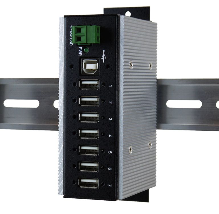USB 2.0 HUB 7-Port, 7x Buchse A, Upstream Buchse B, 15KV Surge Protection, -40° bis +85°C, inkl. Din-Rail-Kit für 19" Rack, Exsys® [EX-1177HMVS-WT]