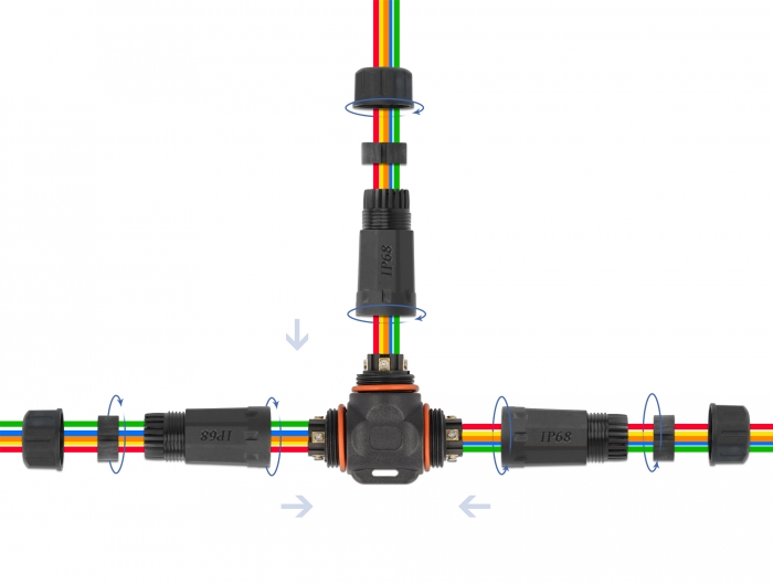 Kabelverbinder T-Form für Außenbereich 5 Pin, IP68 wasserdicht, schraubbar, Kabeldurchmesser 4,5 - 7,5 mm schwarz, Delock® [86919]