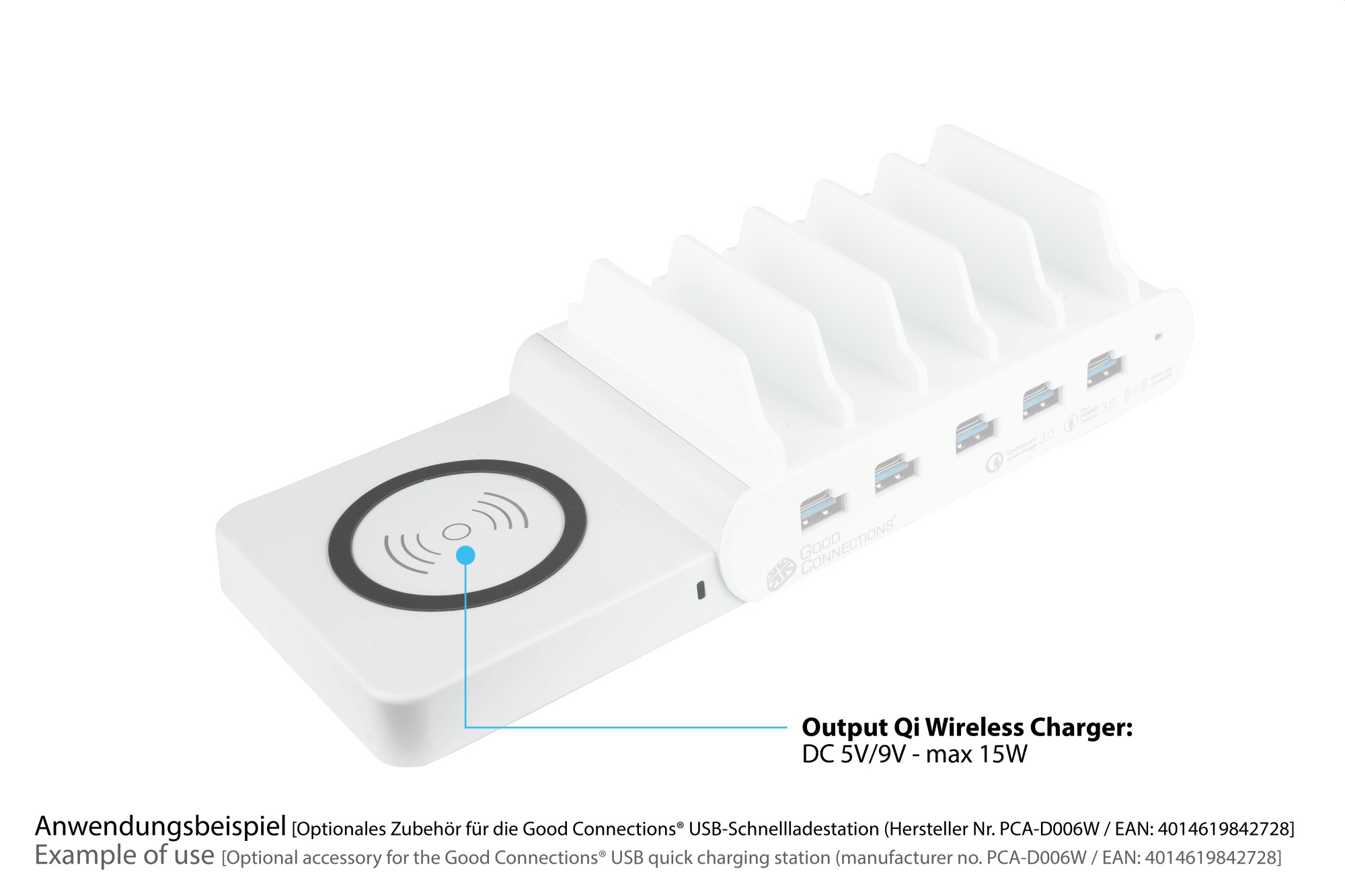 Qi Wireless Charging Pad 15W für Good Connections® USB-Desktop-Schnellladestation PCA-D006W (linke Seite)