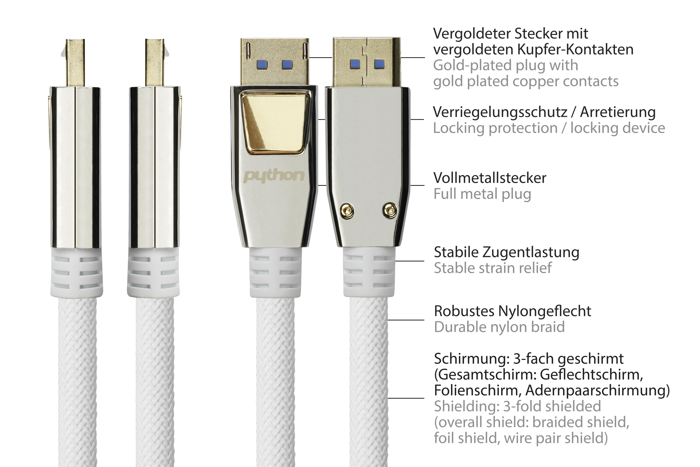 PREMIUM DisplayPort 2.0 Kabel, 54 Gbit/s, UHBR 13.5, 4K @240Hz / 8K @60Hz, Vollmetallstecker, Kupferleiter, Nylongeflecht weiß, 0,5m, PYTHON® Series