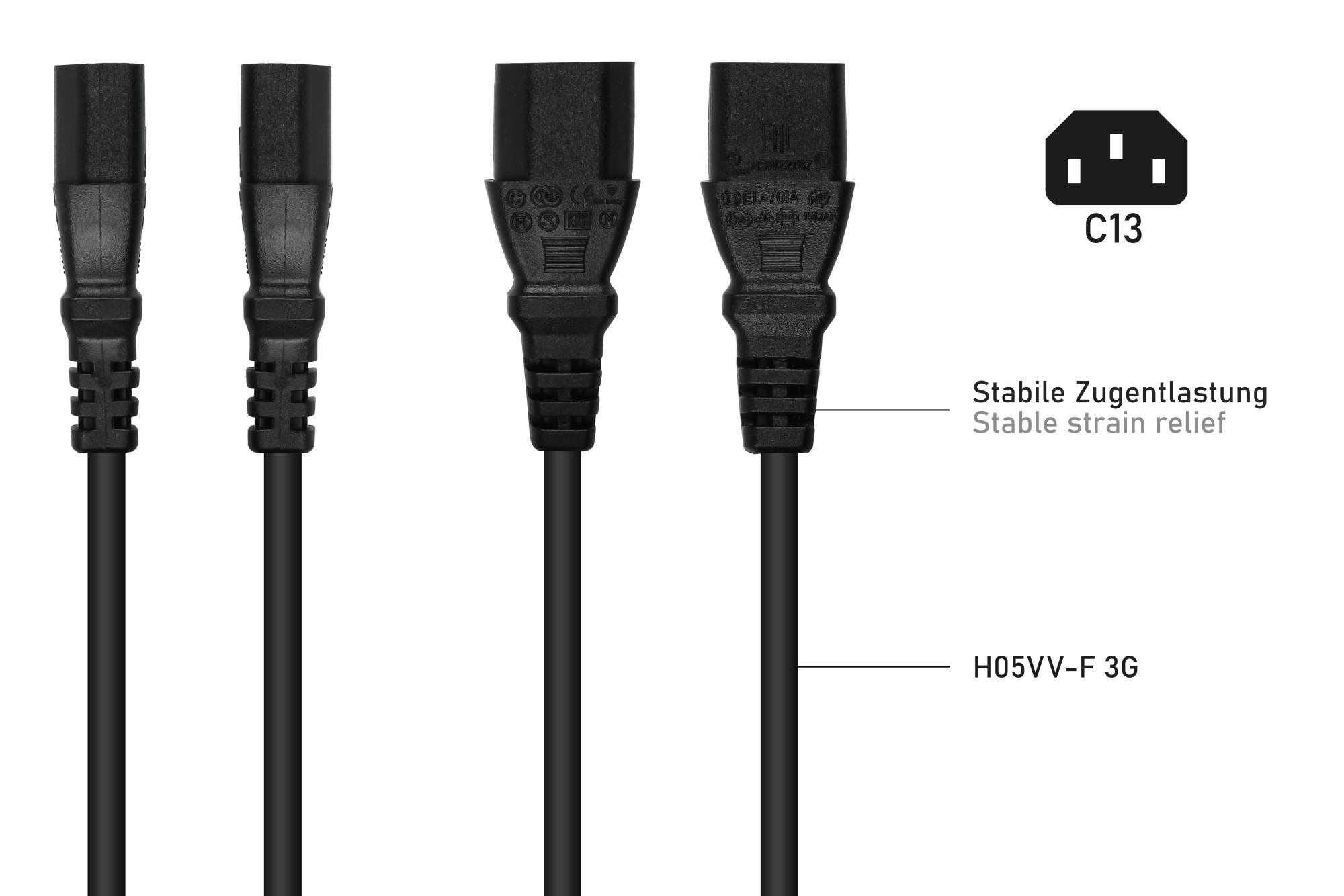 kabelmeister® Y-Netzkabel Schutzkontakt-Stecker Typ E+F (CEE 7/7, gewinkelt) an 2x Buchse C13, schwarz, 2m