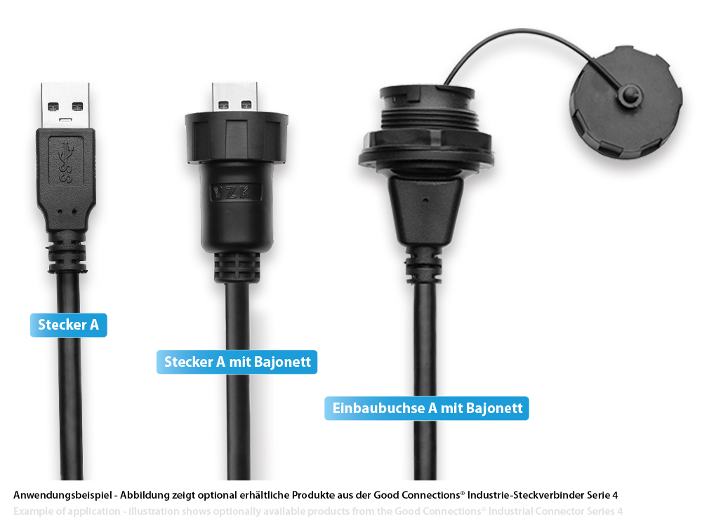 Industrie-Steckverbinder S4 - USB 2.0 Kabel, Stecker A an Einbaubuchse A, Kabelverschraubung beidseitig, Bajonett, IP67, schwarz, 1m, Good Connections