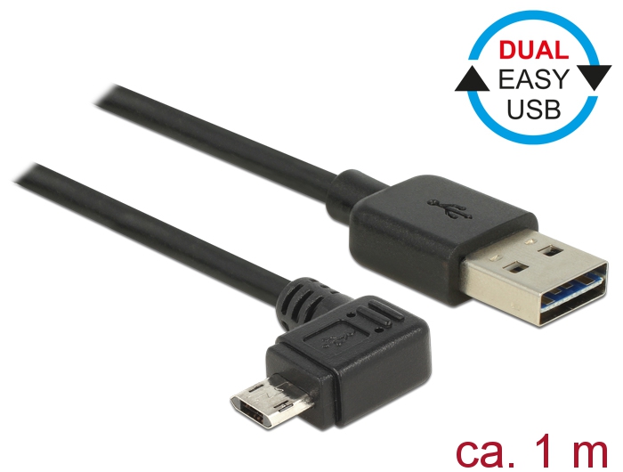 Kabel EASY-USB 2.0 Typ-A Stecker an EASY-USB 2.0 Typ Micro-B Stecker gewinkelt links / rechts, schwarz, 1m, Delock® [83846]