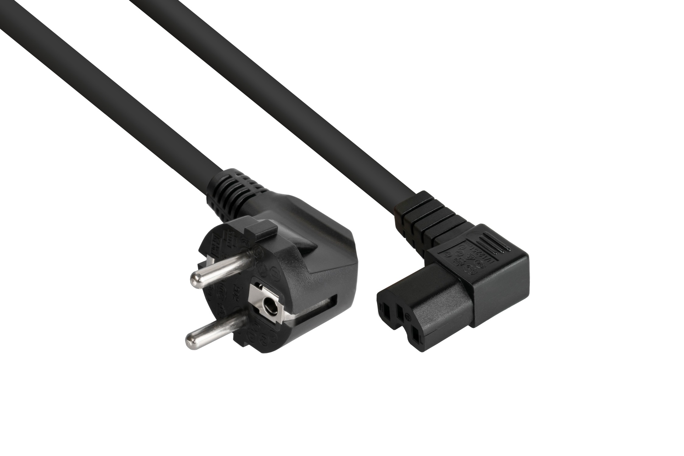 kabelmeister® Netzkabel Schutzkontakt-Stecker Typ E+F (90° gew.) an Warmgeräte-Buchse C15 (r. gew.), schwarz, 1,50mm², 1m