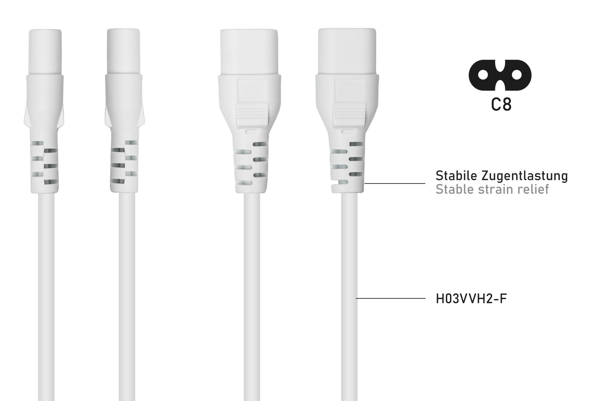 kabelmeister® Euro-Verlängerung Stecker C8 (gerade) an Buchse C7 / Euro 8 (gerade), weiß, 0,75mm², 5m