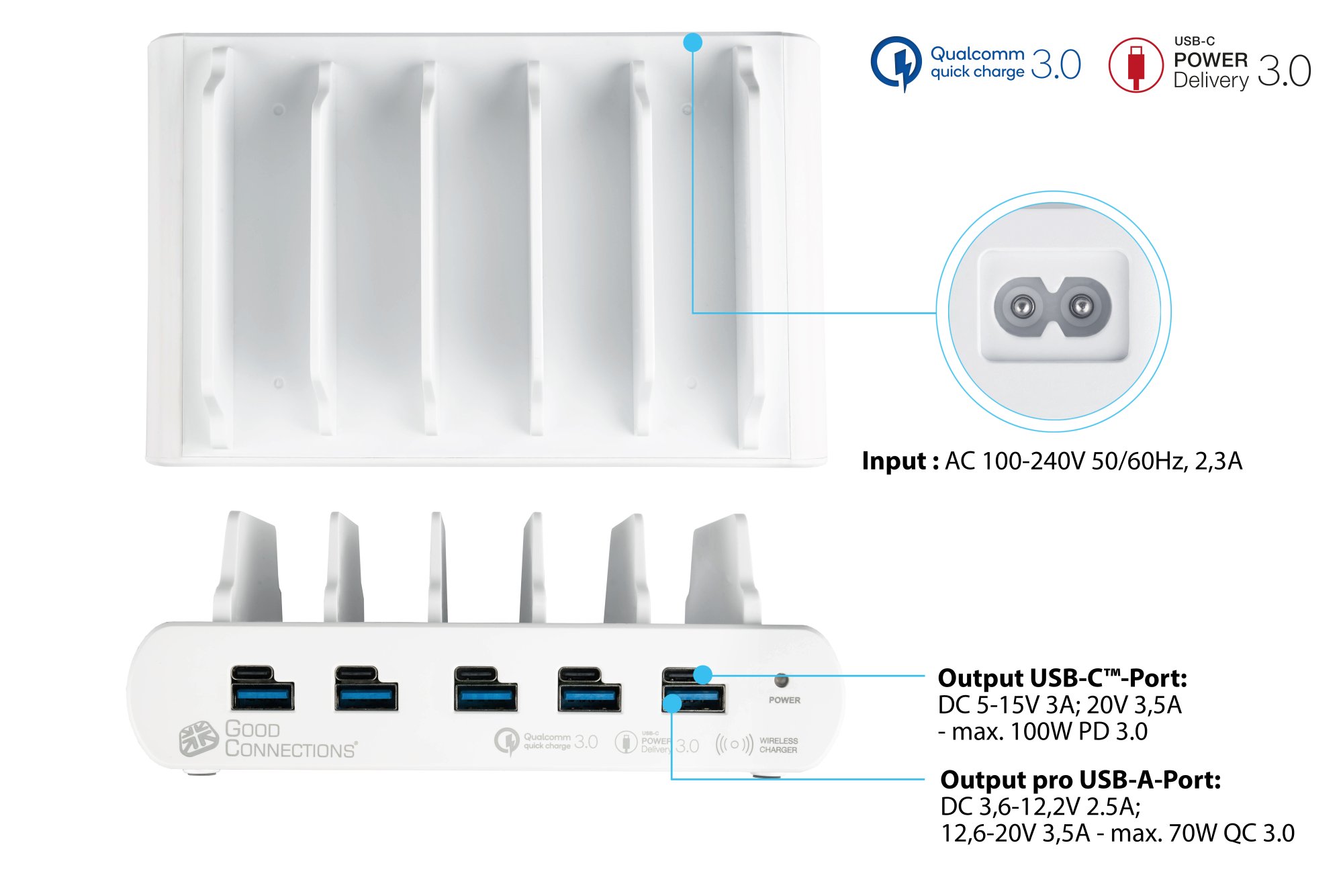 USB-Desktop-Schnellladestation 110W, 10-Port (5x USB-C™ und 5x USB-A), PD 3.0, QC 3.0, weiß, Good Connections®
