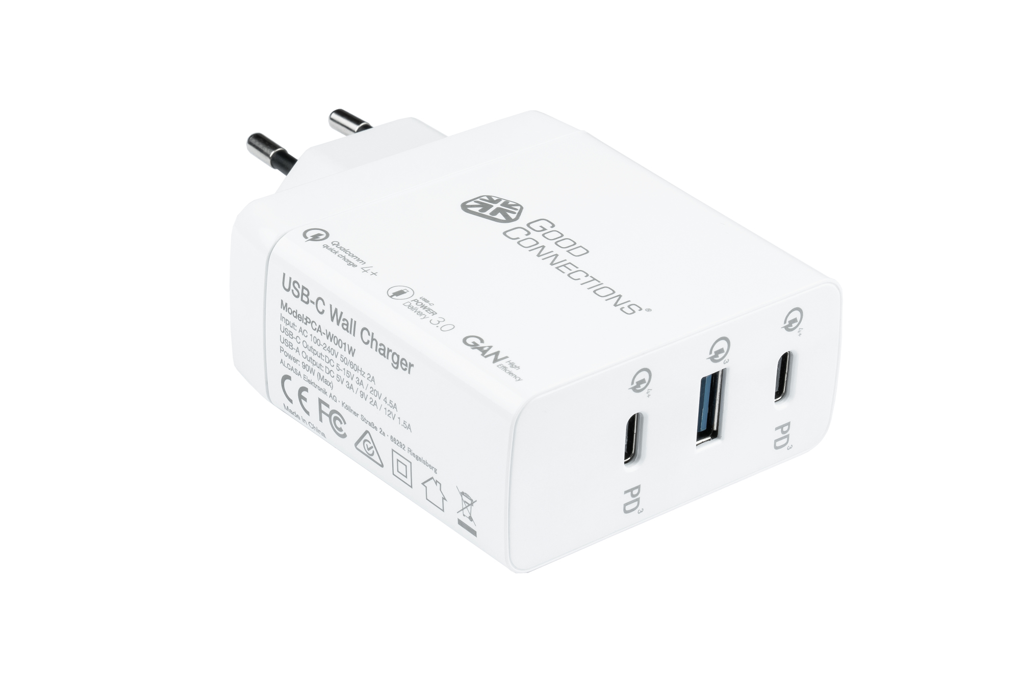 USB-Schnellladegerät 100W mit GaN-Technologie, 3-Port (2x USB-C™ und 1x USB-A), PD 3.0, QC 4+, weiß, Good Connections®