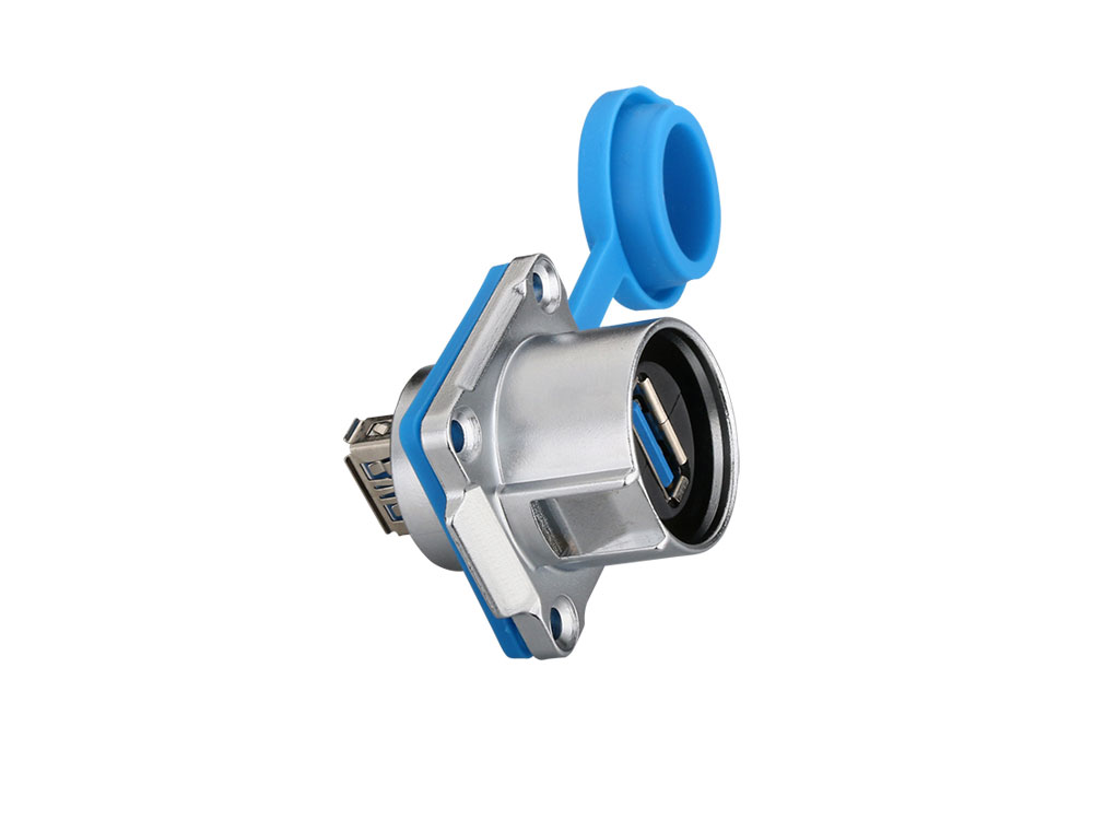 Industrie-Steckverbinder S1 - USB 3.0 Durchführungskupplung mit Flansch, Buchse A beidseitig, Metall, M24, IP65/67, Good Connections®