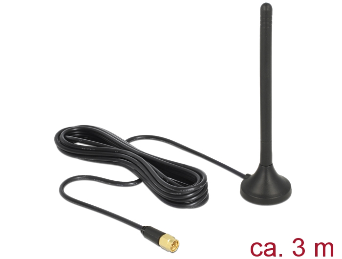 GSM / UMTS / LTE Antenne SMA Stecker 2,5dBi starr omnidirektional, magnetischer Standfuß, Kabel (RG-174, 3m), outdoor schwarz, Delock® [12419]