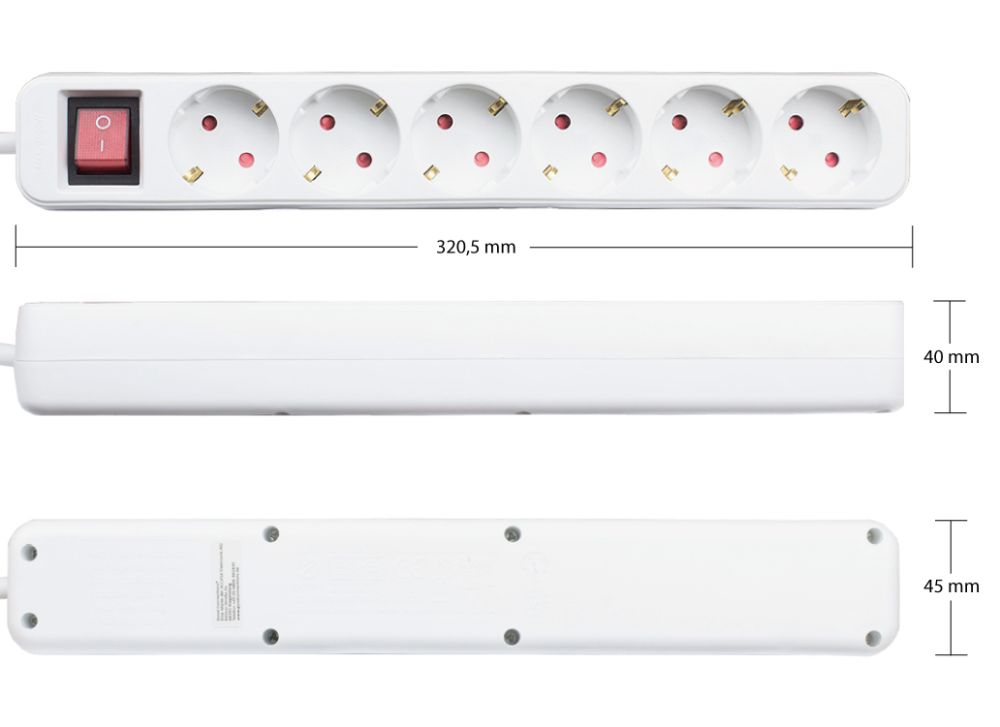 Steckdosenleiste mit Schalter, 6-fach, Schutzkontakt-Stecker an 6x Schutzkontakt-Buchse, Berührungsschutz, weiß, 1,5m, Good Connections®