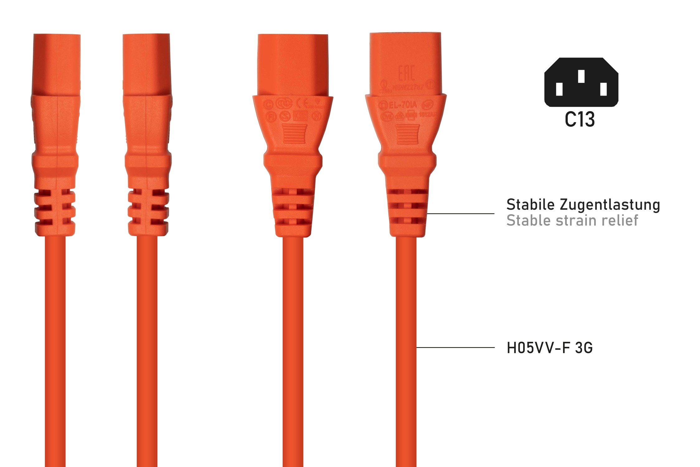 kabelmeister® Netzkabel Schutzkontakt-Stecker Typ E+F (90° gew.) an Kaltgeräte-Buchse C13, orange, 1,50mm², 10m