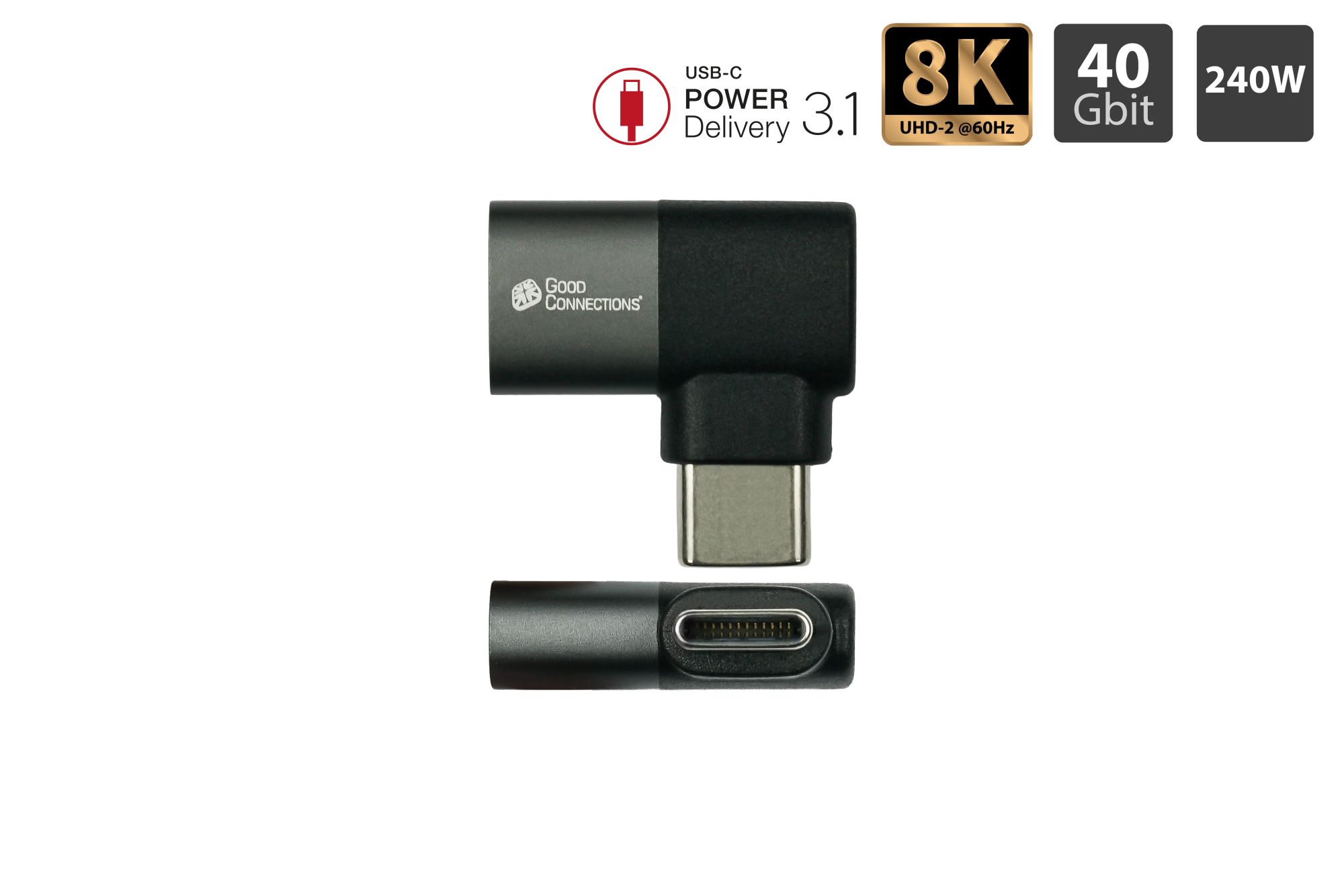 USB 4.0 Gen.3x2 Winkeladapter / Portschoner (40GBit/s, 240W, 8K@60Hz), USB-C™ Stecker an USB-C™ Buchse, links / rechts gew., silber, Good Connections®